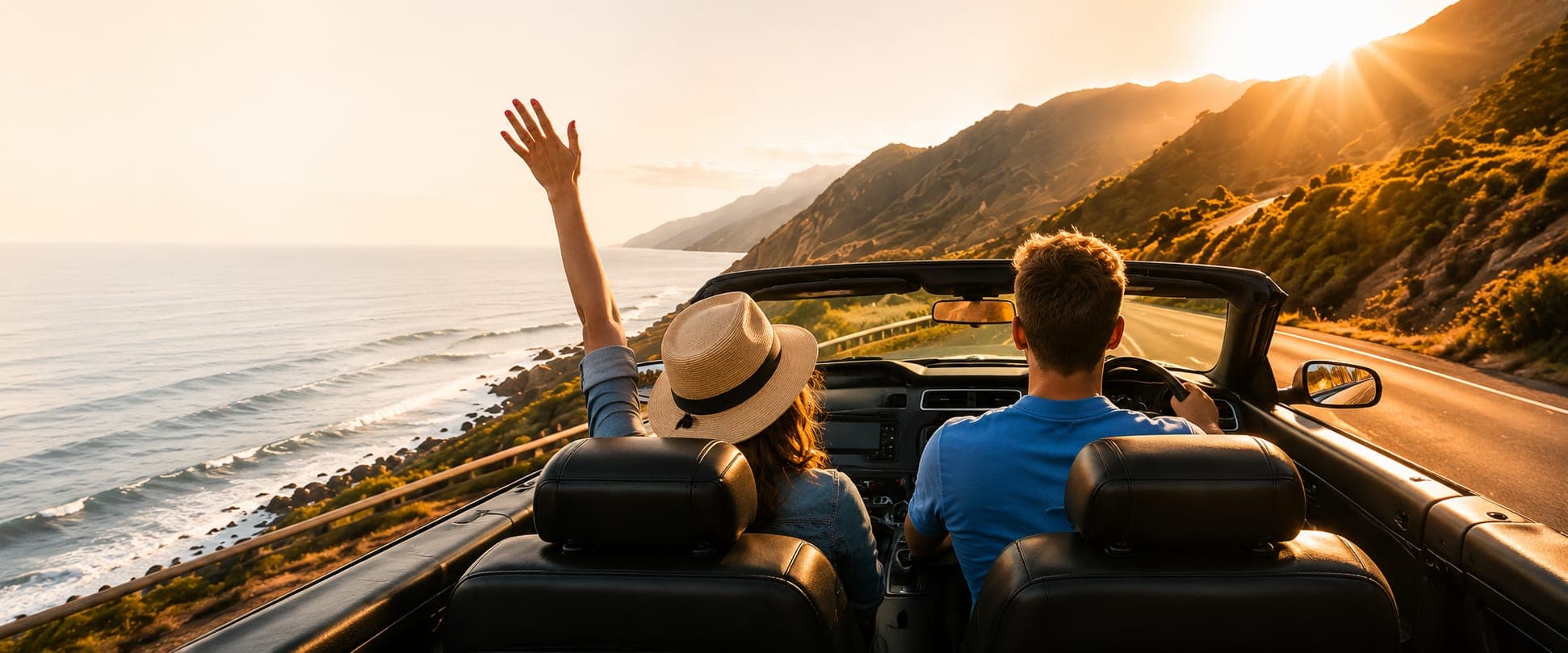 Open-top car on a coastal road