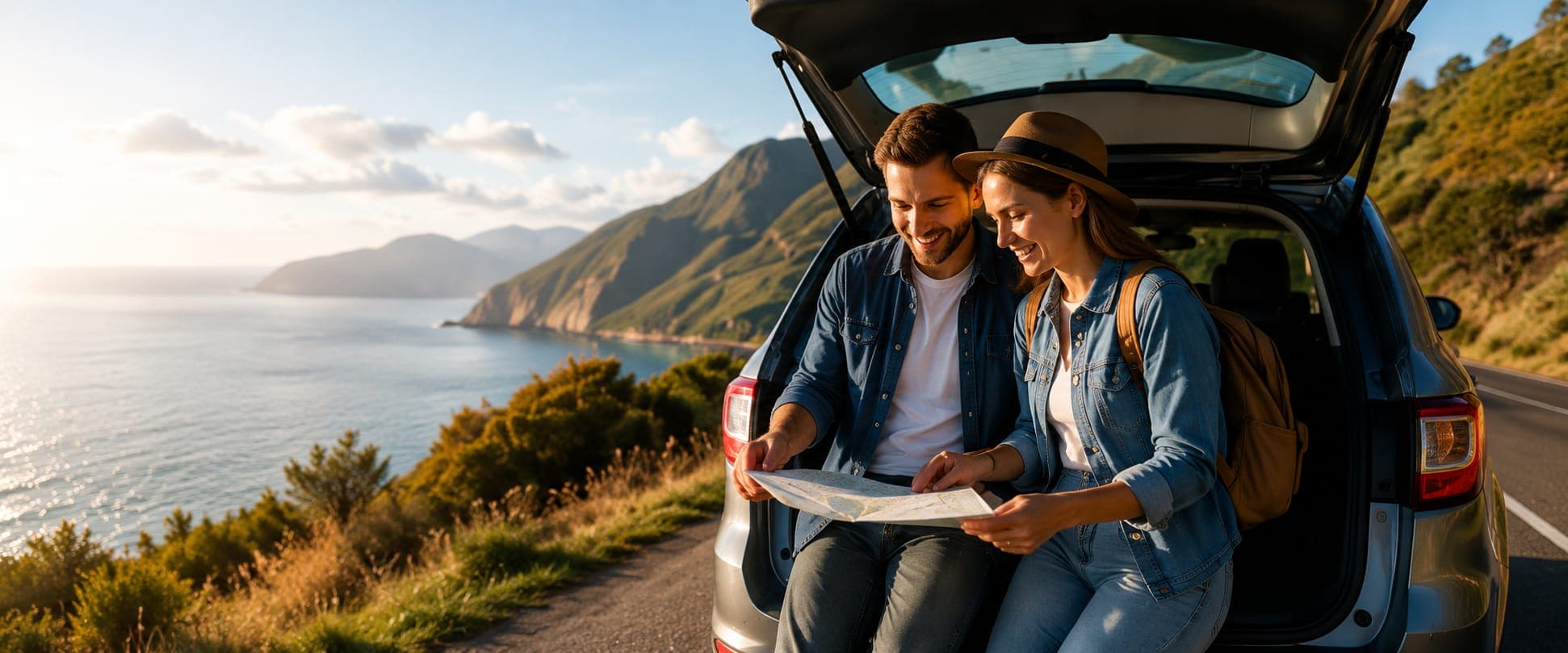 Traveller planning a road trip with a paper map