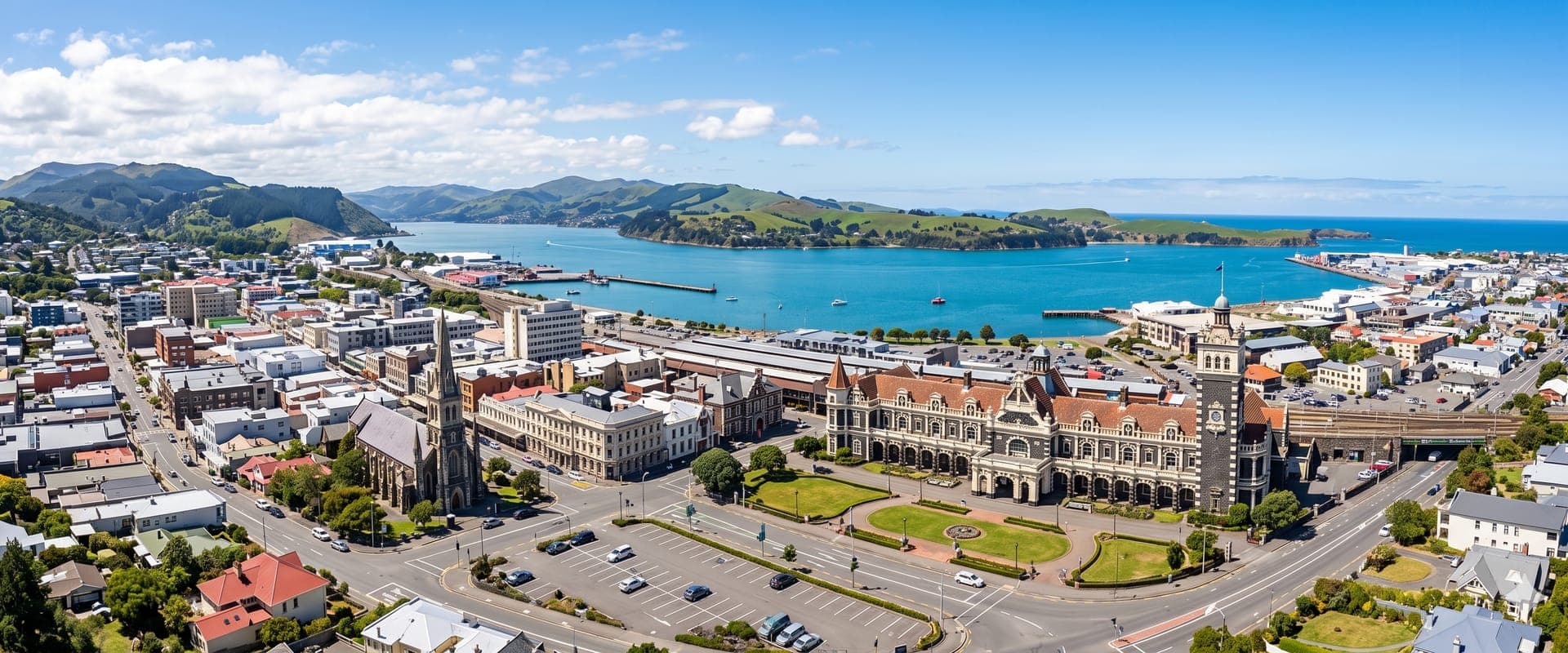 Dunedin railway station and harbour